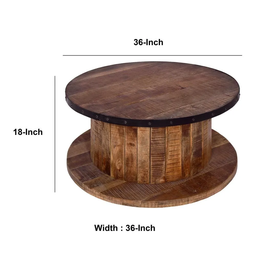 36 Inch Mango Wood Farmhouse Coffee Table with Rustic Plank Style Round Top and Base, Walnut and Natural Brown By The Urban Port
