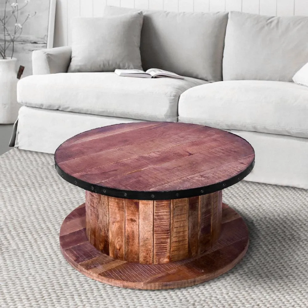 36 Inch Mango Wood Farmhouse Coffee Table with Rustic Plank Style Round Top and Base, Walnut and Natural Brown By The Urban Port