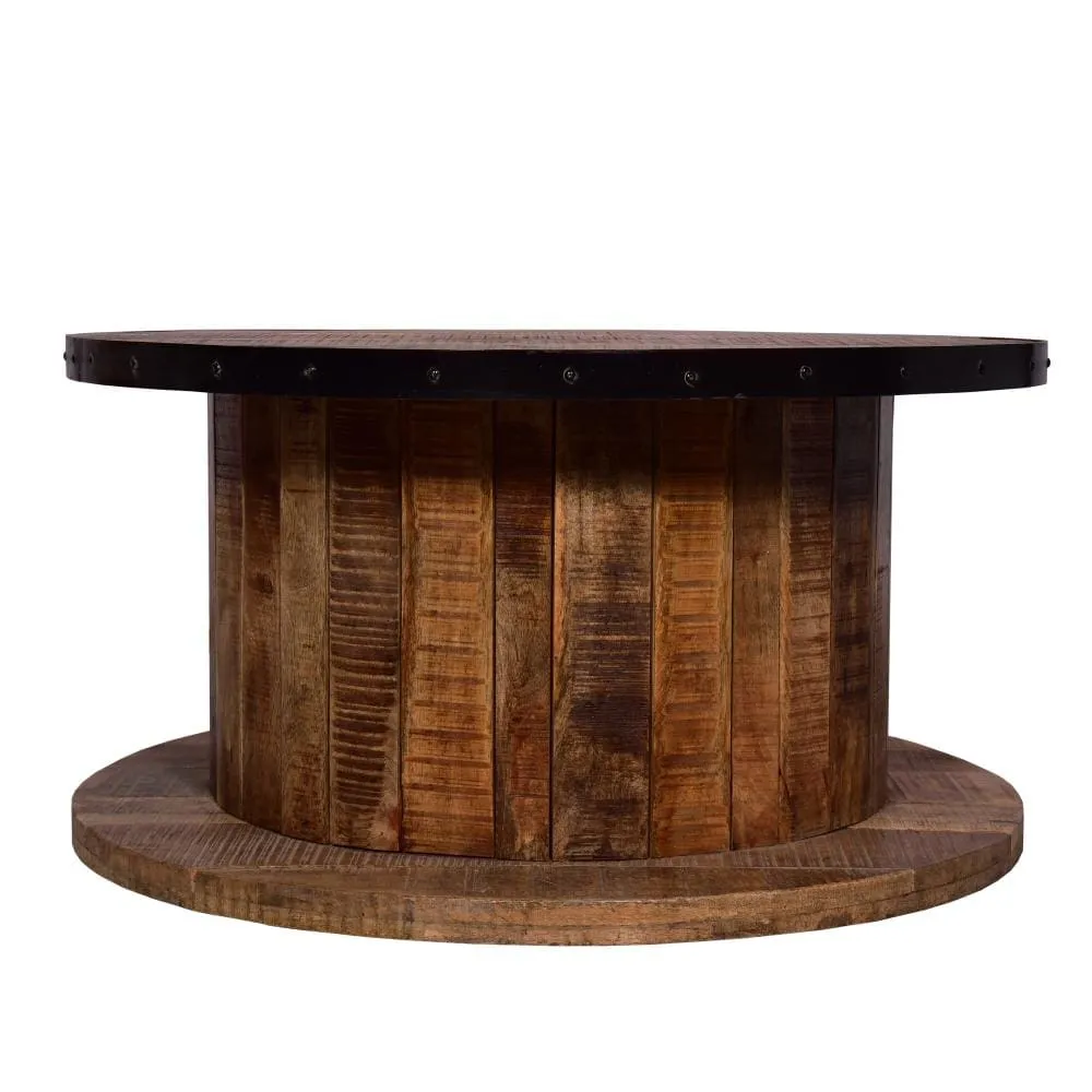 36 Inch Mango Wood Farmhouse Coffee Table with Rustic Plank Style Round Top and Base, Walnut and Natural Brown By The Urban Port
