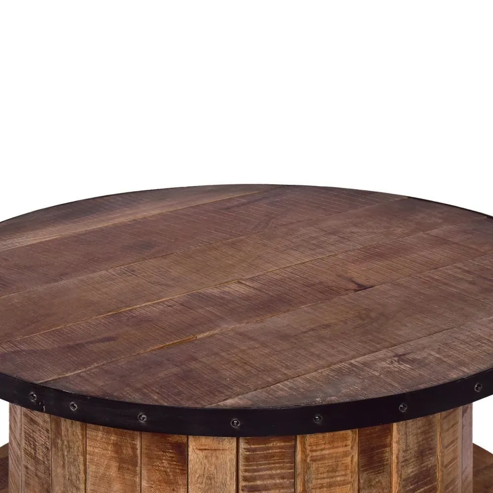 36 Inch Mango Wood Farmhouse Coffee Table with Rustic Plank Style Round Top and Base, Walnut and Natural Brown By The Urban Port