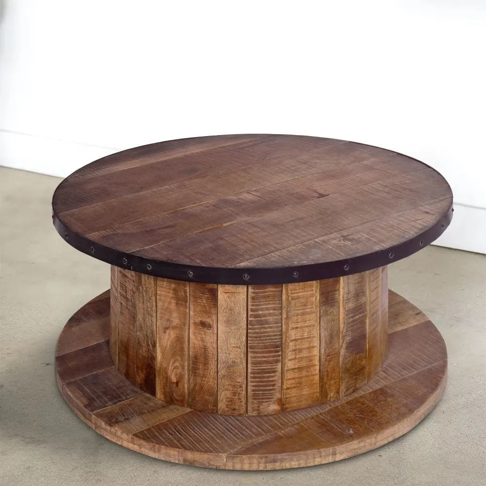 36 Inch Mango Wood Farmhouse Coffee Table with Rustic Plank Style Round Top and Base, Walnut and Natural Brown By The Urban Port