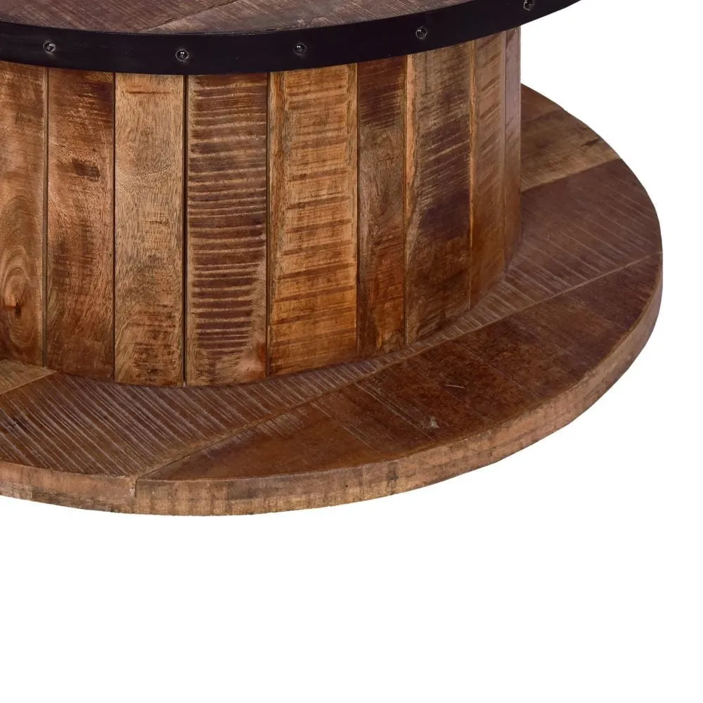 36 Inch Mango Wood Farmhouse Coffee Table with Rustic Plank Style Round Top and Base, Walnut and Natural Brown By The Urban Port