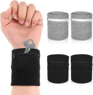 4Pcs Wrist Wallet, Mabor Wrist Sweat Bands with Zipper Light Pocket Sports Absorb Sweat Wristbands for Women Men Gym Sports Running Walking for Storage Key Card Cash