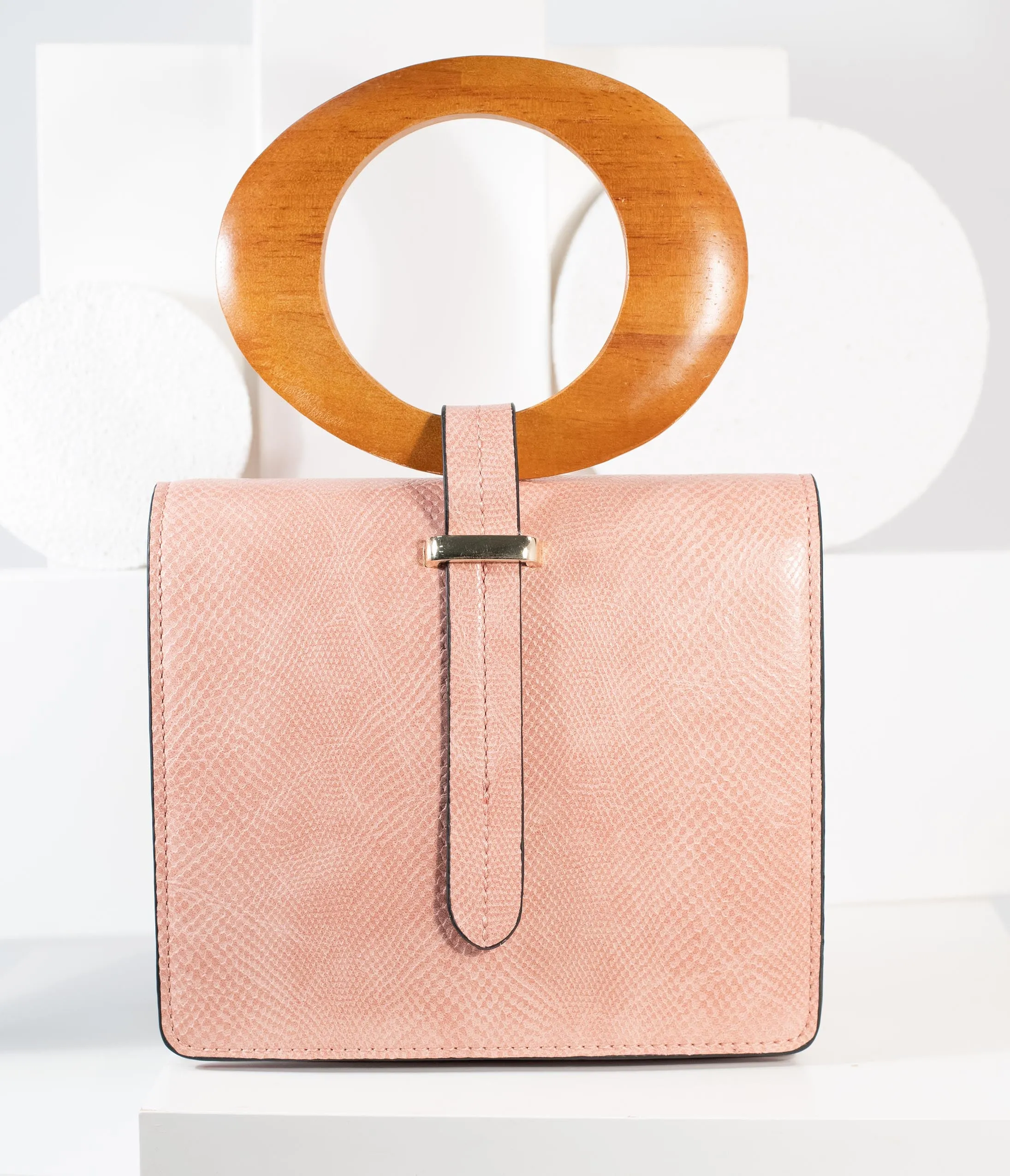 Blush Pink Leatherette Wood Handle Crossbody Purse