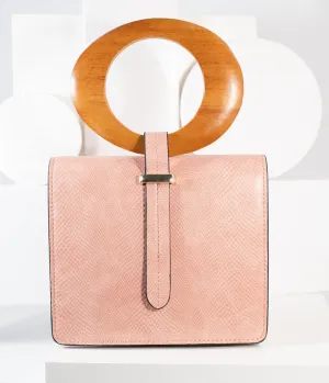 Blush Pink Leatherette Wood Handle Crossbody Purse