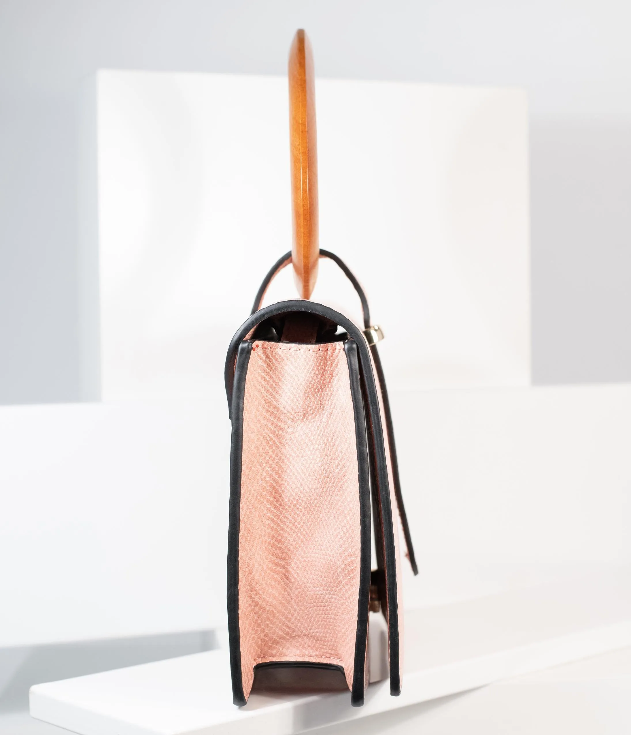 Blush Pink Leatherette Wood Handle Crossbody Purse