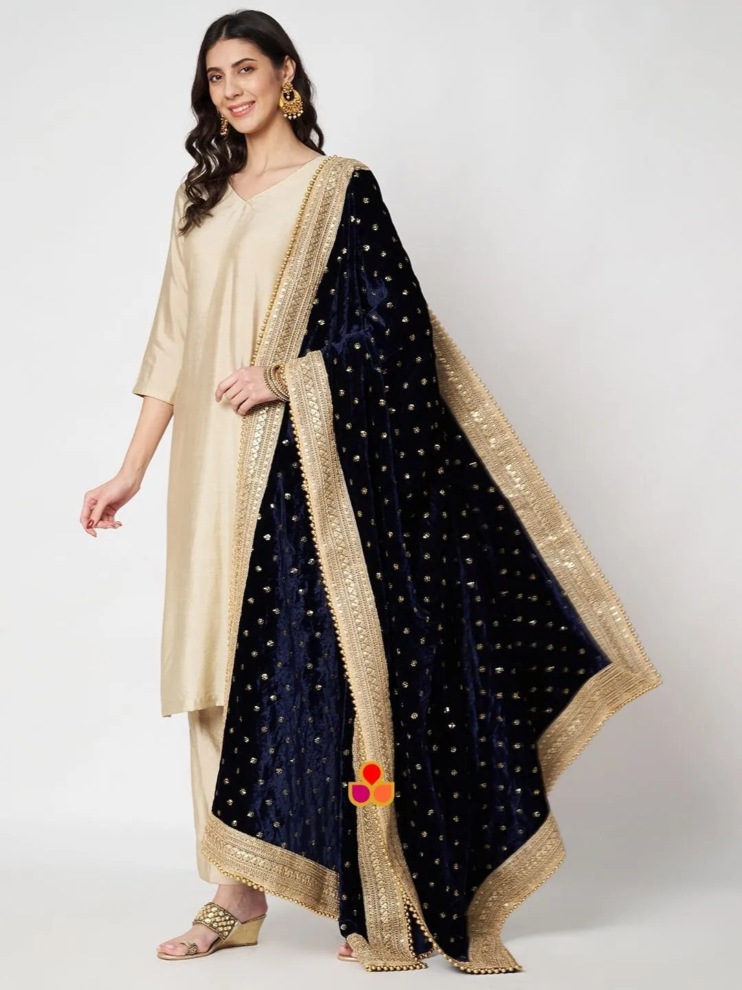 Bridal Afsana Blue Embroidered Sequin Velvet Dupatta