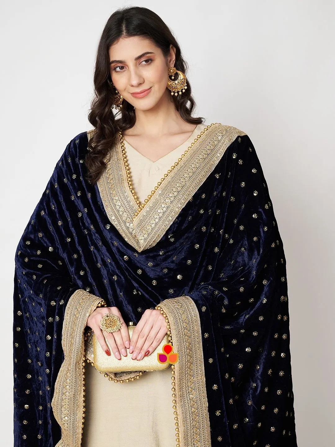 Bridal Afsana Blue Embroidered Sequin Velvet Dupatta