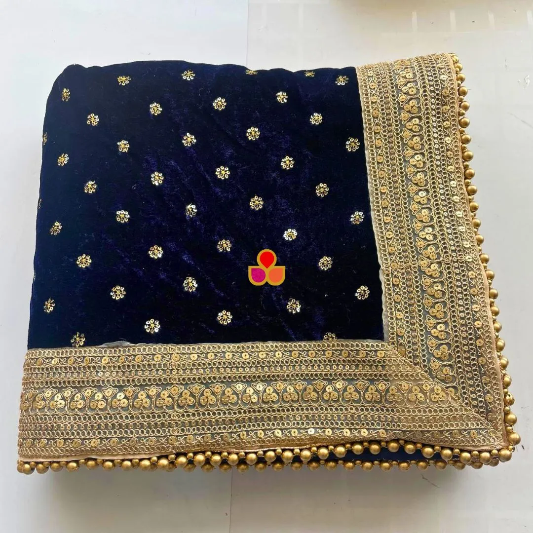 Bridal Afsana Blue Embroidered Sequin Velvet Dupatta