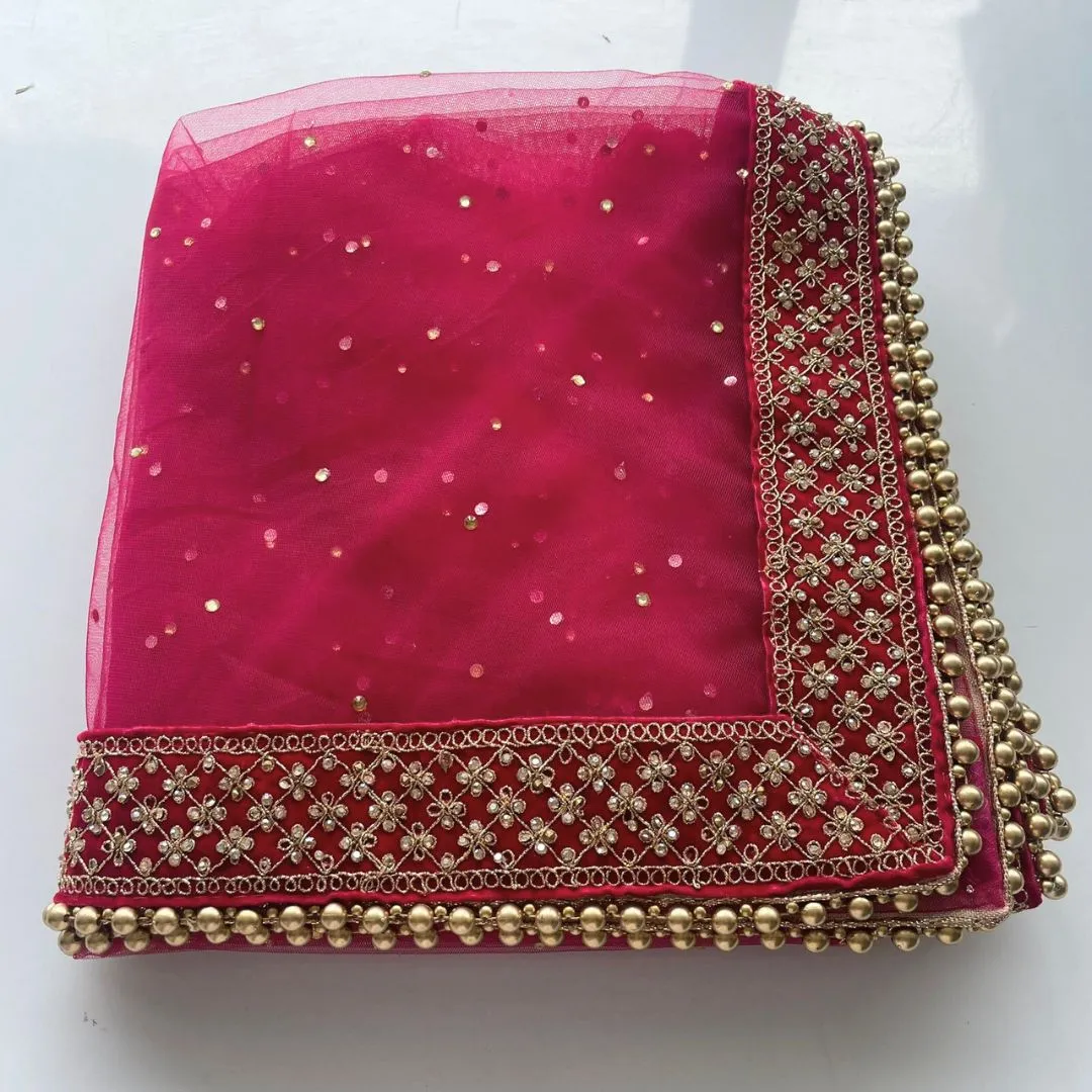 Bridal Magenta Jewel Embroidered Stone Net Dupatta