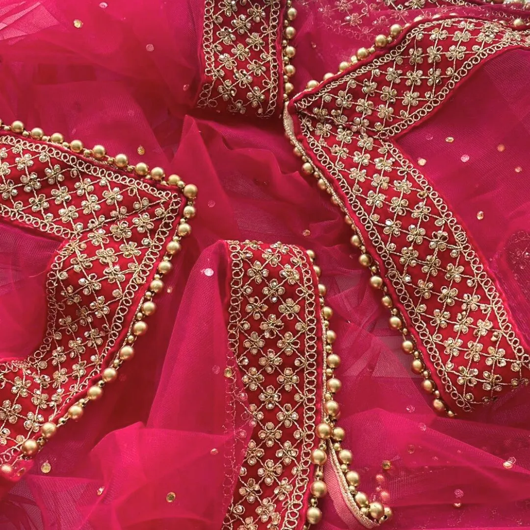Bridal Magenta Jewel Embroidered Stone Net Dupatta