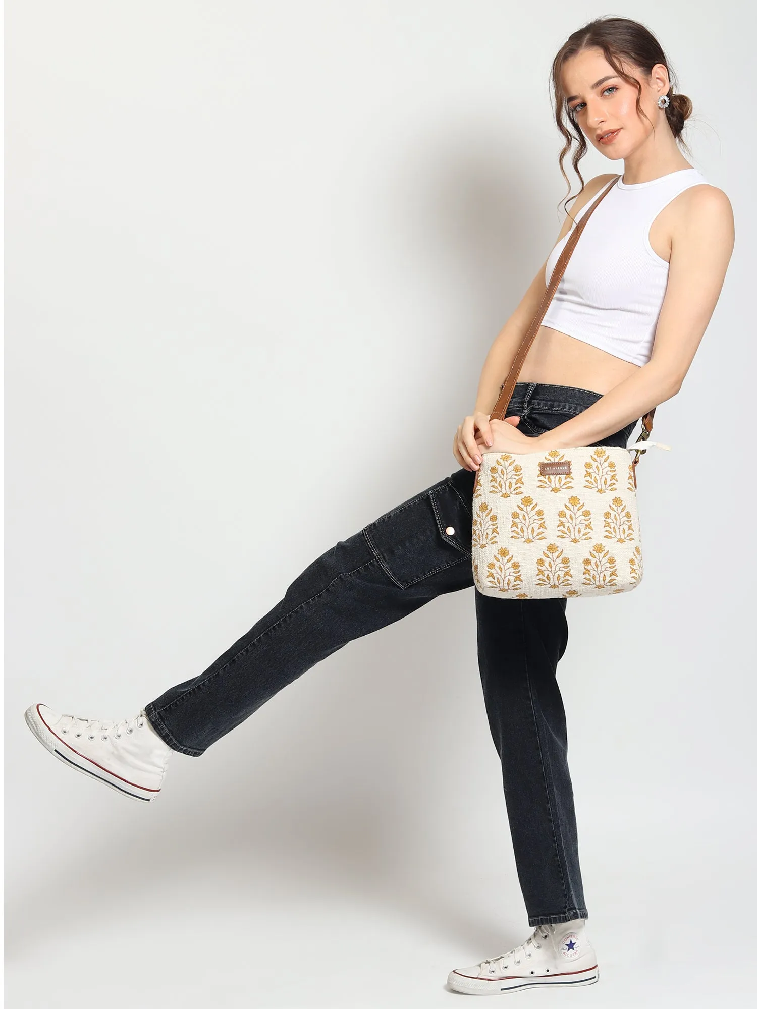 CHARILE - COTTON PRINTED & LEATHER SLING BAG