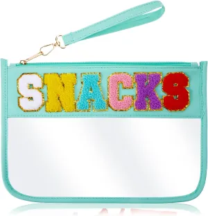 Clear Snacks Bag for Travel, Waterproof Chenille Letter Makeup Bag Portable Snack Bags Pouch with Wrist Strap Zipper Cosmetic Tote Bags for Women Travel