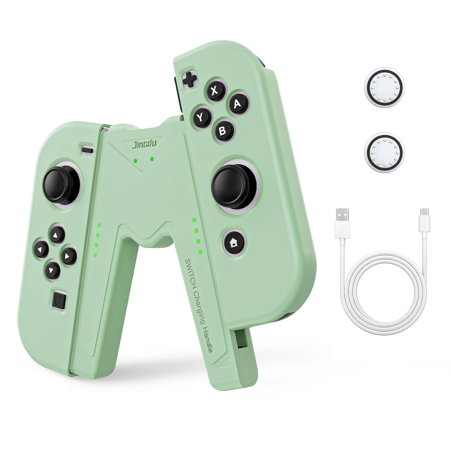 JINGDU Switch Joy-Con Charging Grip Compatible With Nintendo Switch Standard & OLED Model, JoyCon Controller Charger With Cable and 2 Thumb Grip Caps, Play While Charging, Green