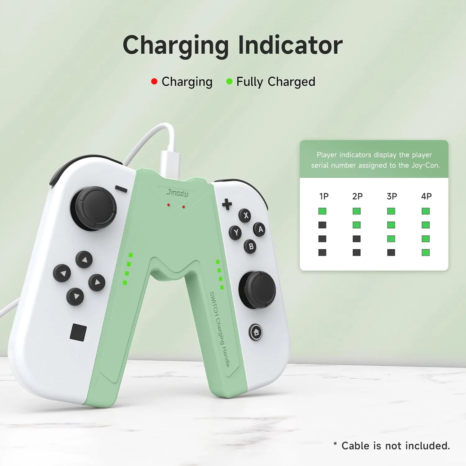 JINGDU Switch Joy-Con Charging Grip Compatible With Nintendo Switch Standard & OLED Model, JoyCon Controller Charger With Cable and 2 Thumb Grip Caps, Play While Charging, Green
