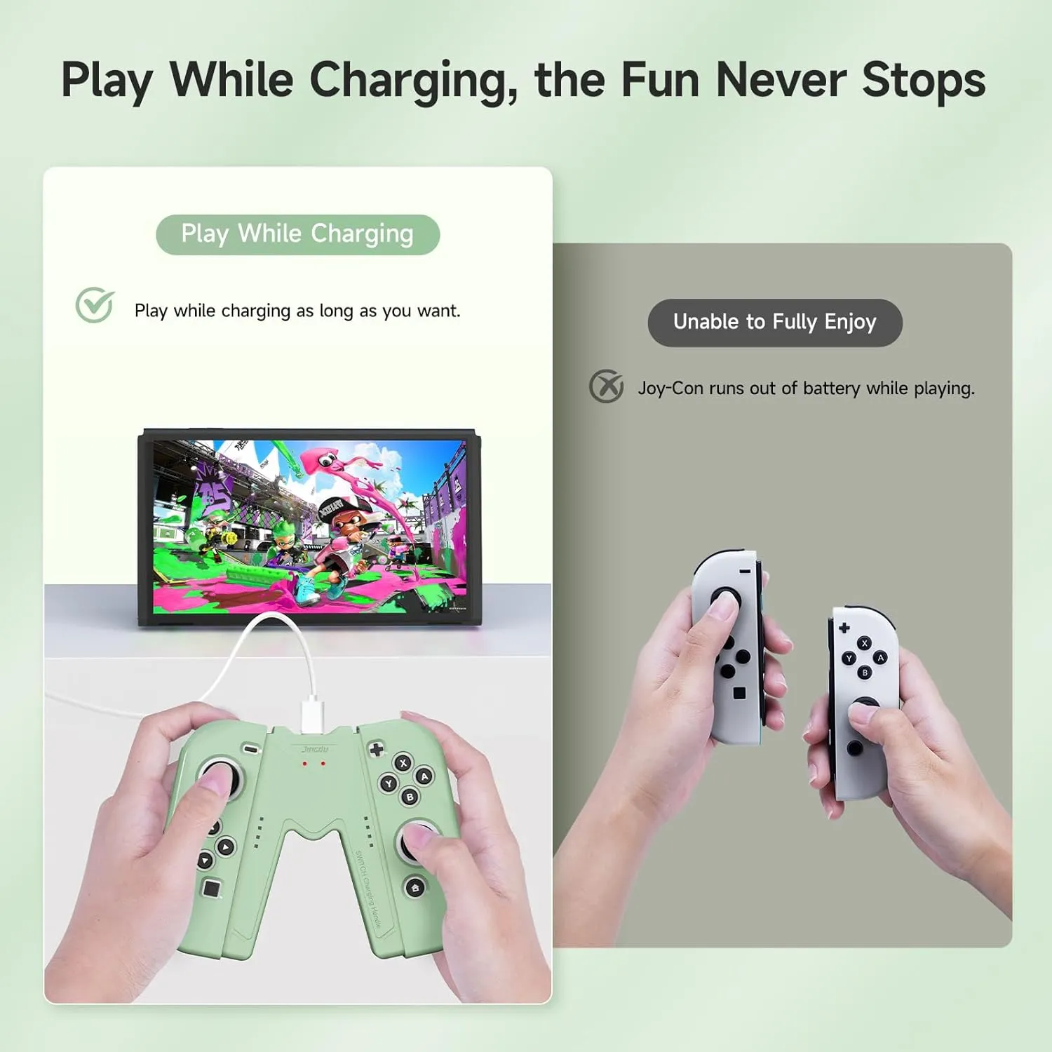 JINGDU Switch Joy-Con Charging Grip Compatible With Nintendo Switch Standard & OLED Model, JoyCon Controller Charger With Cable and 2 Thumb Grip Caps, Play While Charging, Green