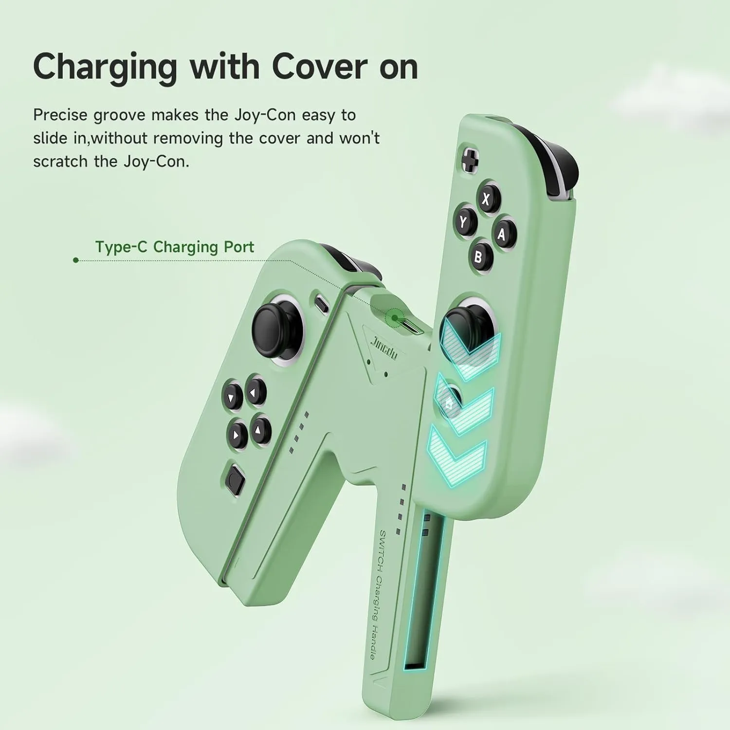 JINGDU Switch Joy-Con Charging Grip Compatible With Nintendo Switch Standard & OLED Model, JoyCon Controller Charger With Cable and 2 Thumb Grip Caps, Play While Charging, Green