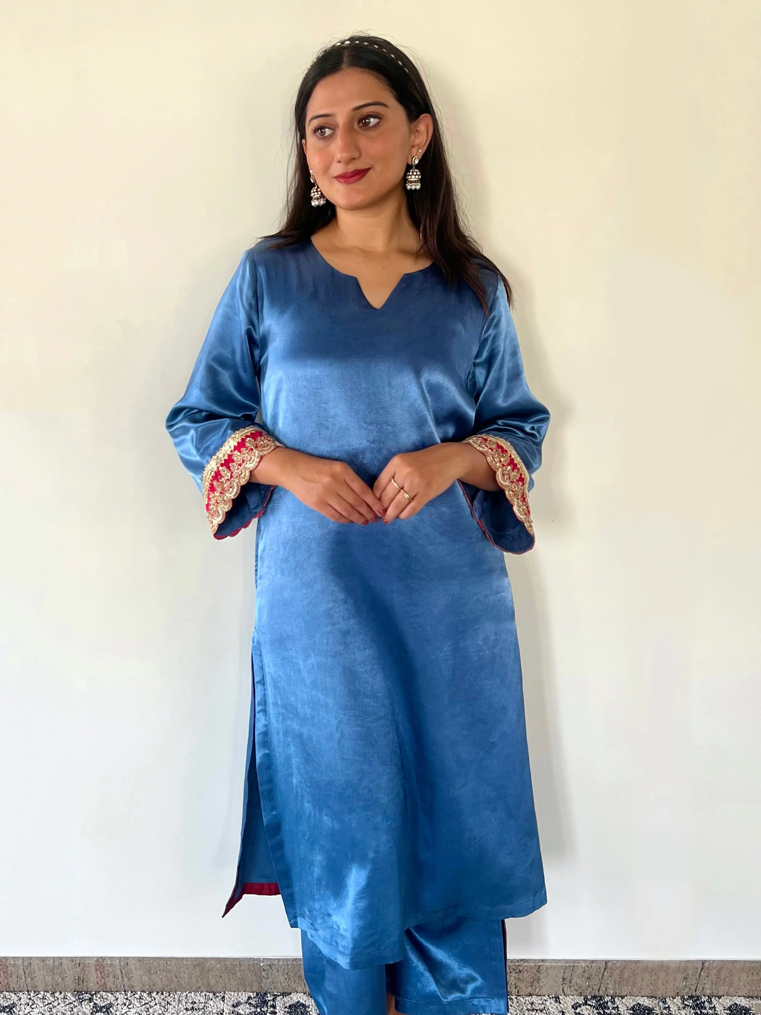 Penaaz x Tyohaar | Ice Blue Mashru Silk A-Line Kurta with Embroidered Sleeves | Coords or Only Kurta