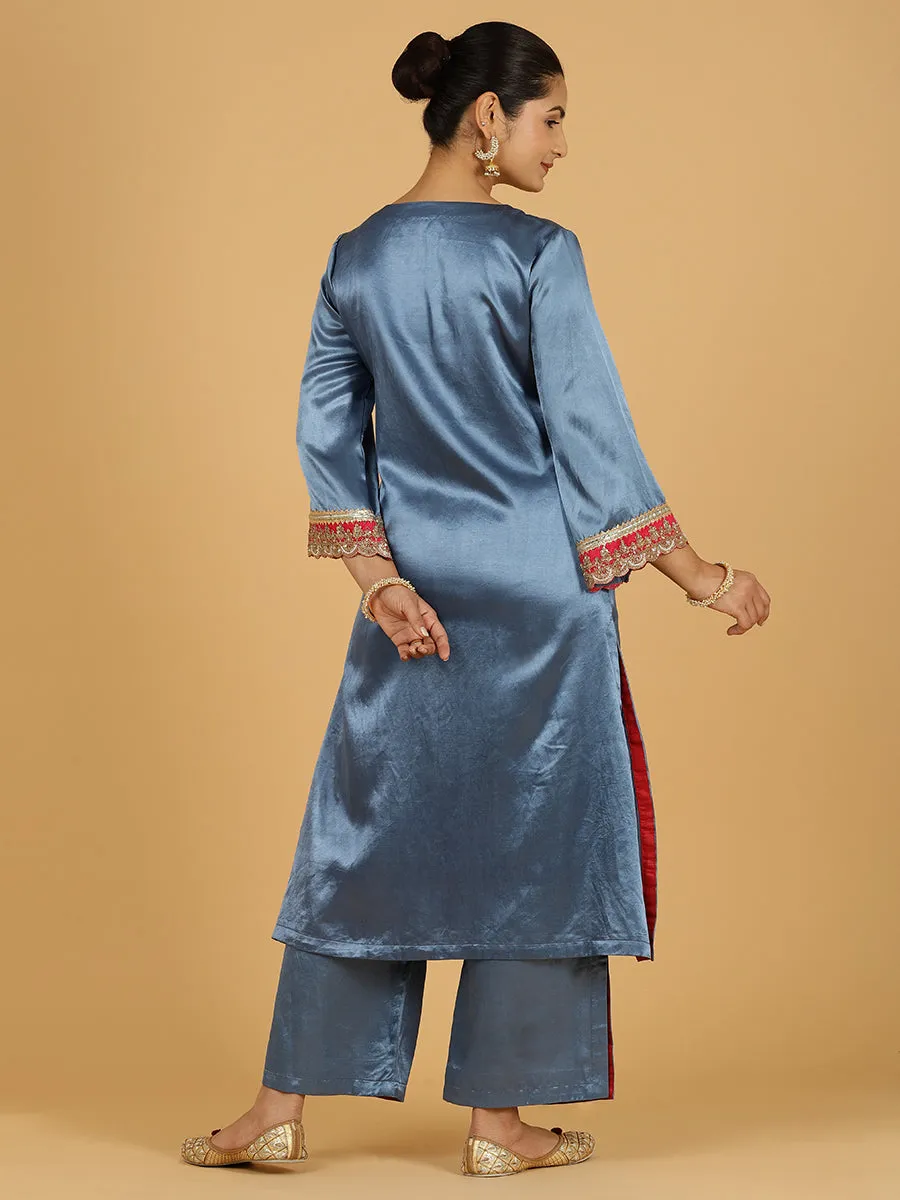 Penaaz x Tyohaar | Ice Blue Mashru Silk A-Line Kurta with Embroidered Sleeves | Coords or Only Kurta