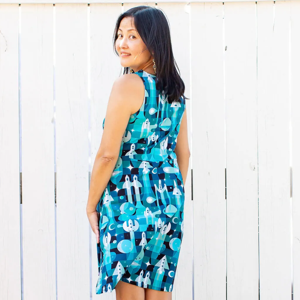 "Bound for Beyond" Adult Spaceships Sleeveless Dress with Pockets