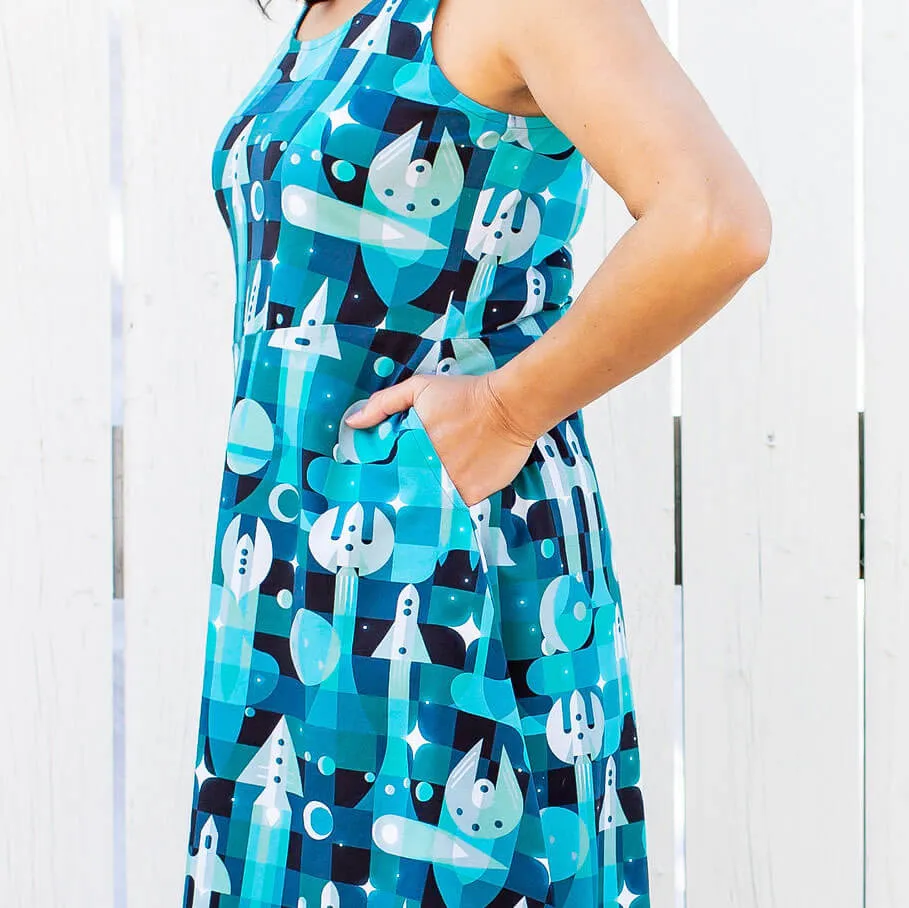 "Bound for Beyond" Adult Spaceships Sleeveless Dress with Pockets