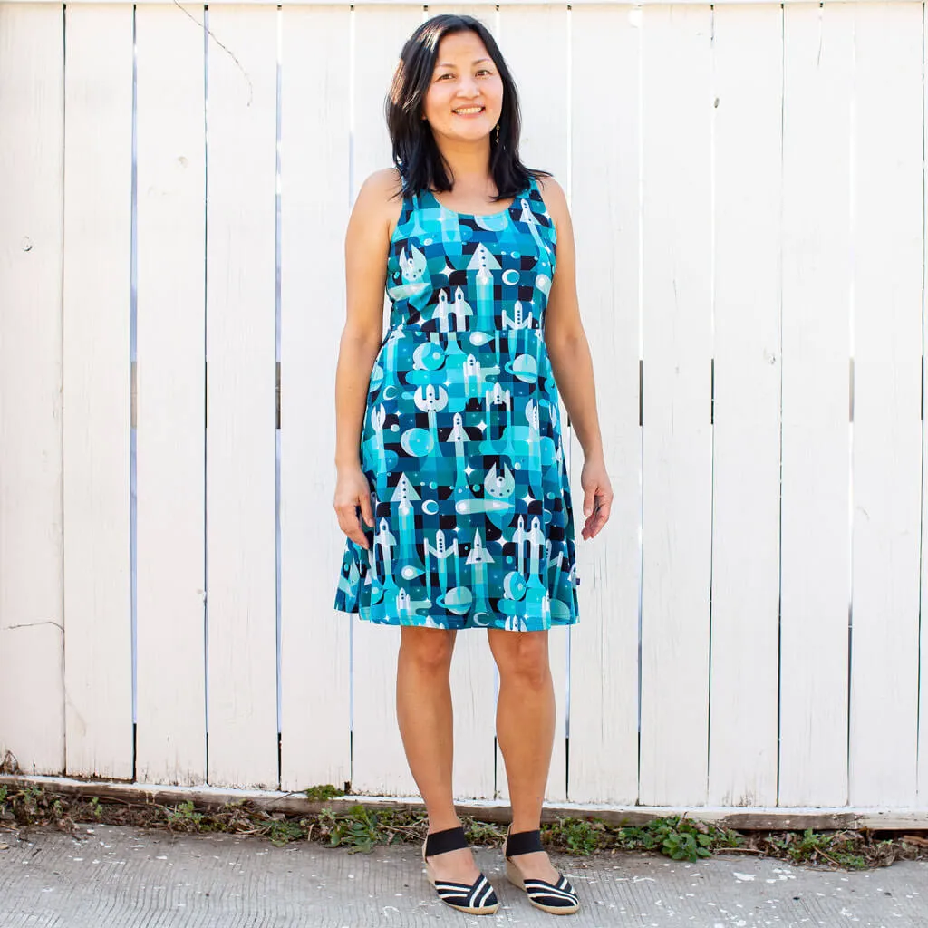 "Bound for Beyond" Adult Spaceships Sleeveless Dress with Pockets