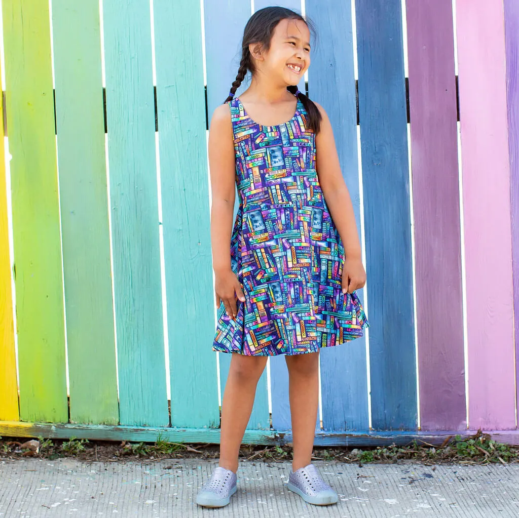"Lost in the Stacks" Books Sleeveless Play Dress with Pockets